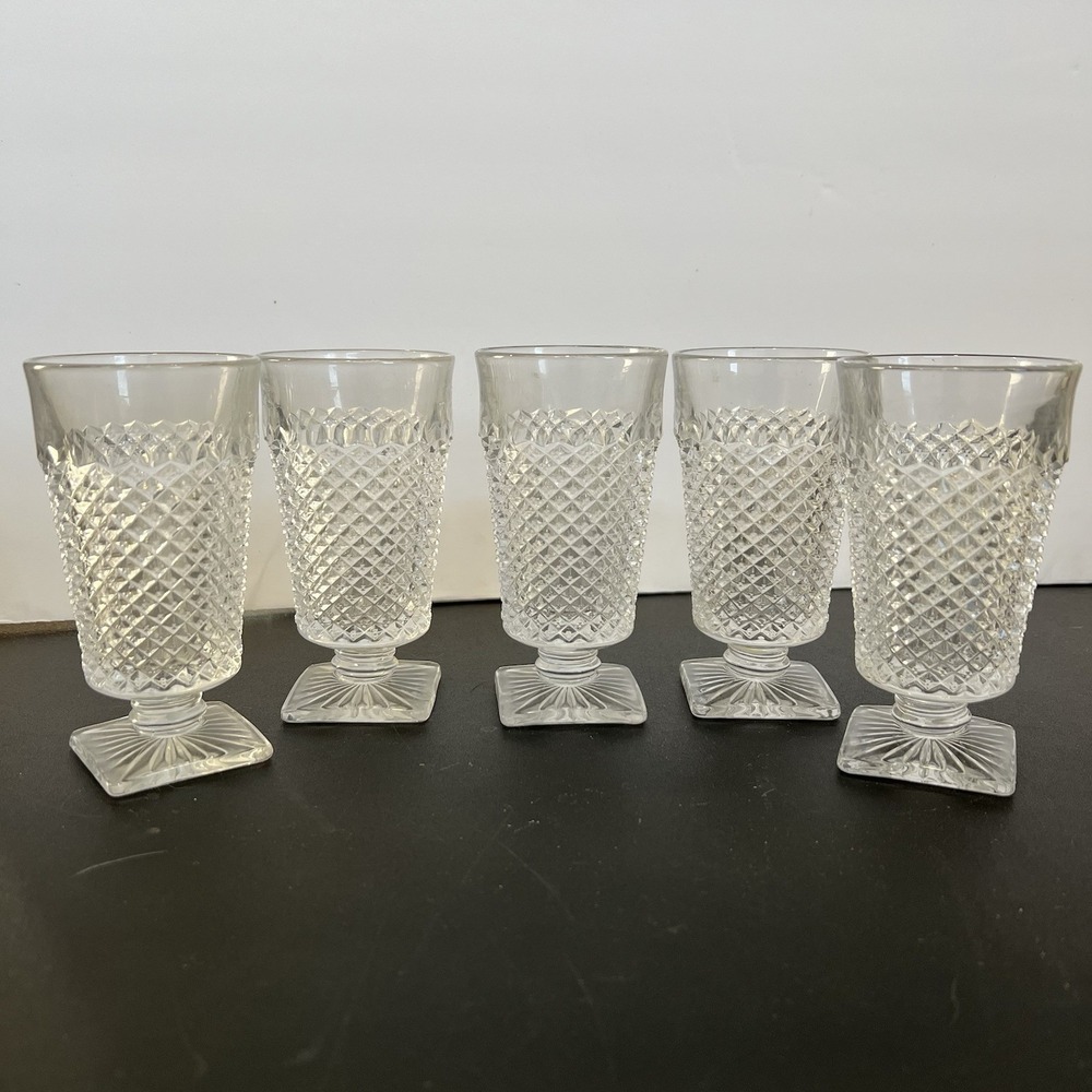 VTG Clear Diamond Point Pressed Glass Footed Juice Glasses‎ Set of 5 Square Base